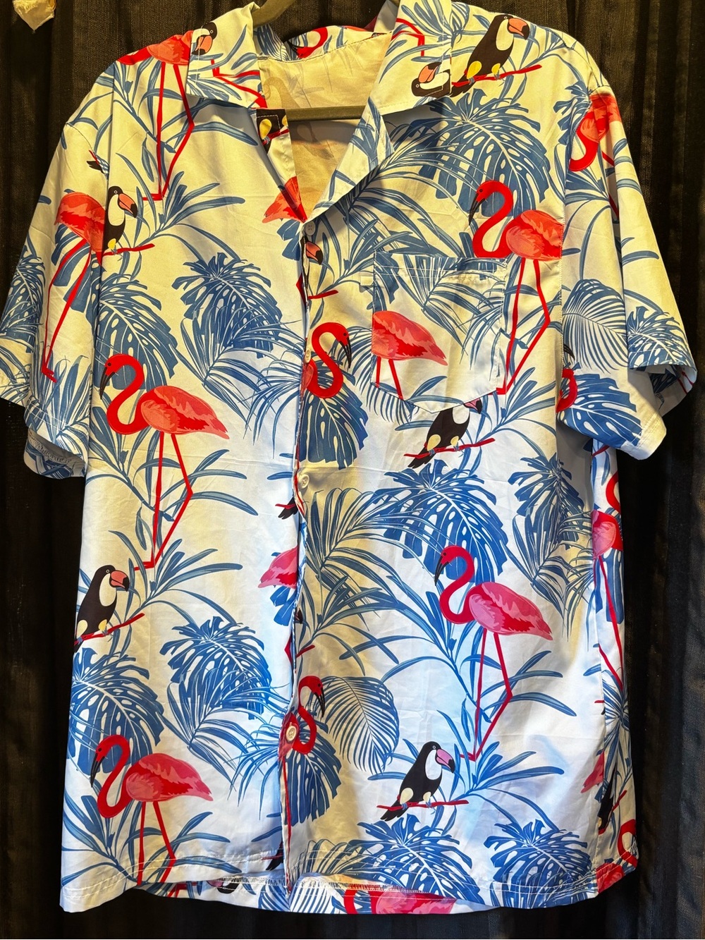 Tropical Flamingo Short Sleeve Button-Down Shirt - Red & Blue